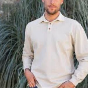 Tommy Bahama Men's Beige Long Sleeve Polo Shirt Cotton Silk Blend, Size L